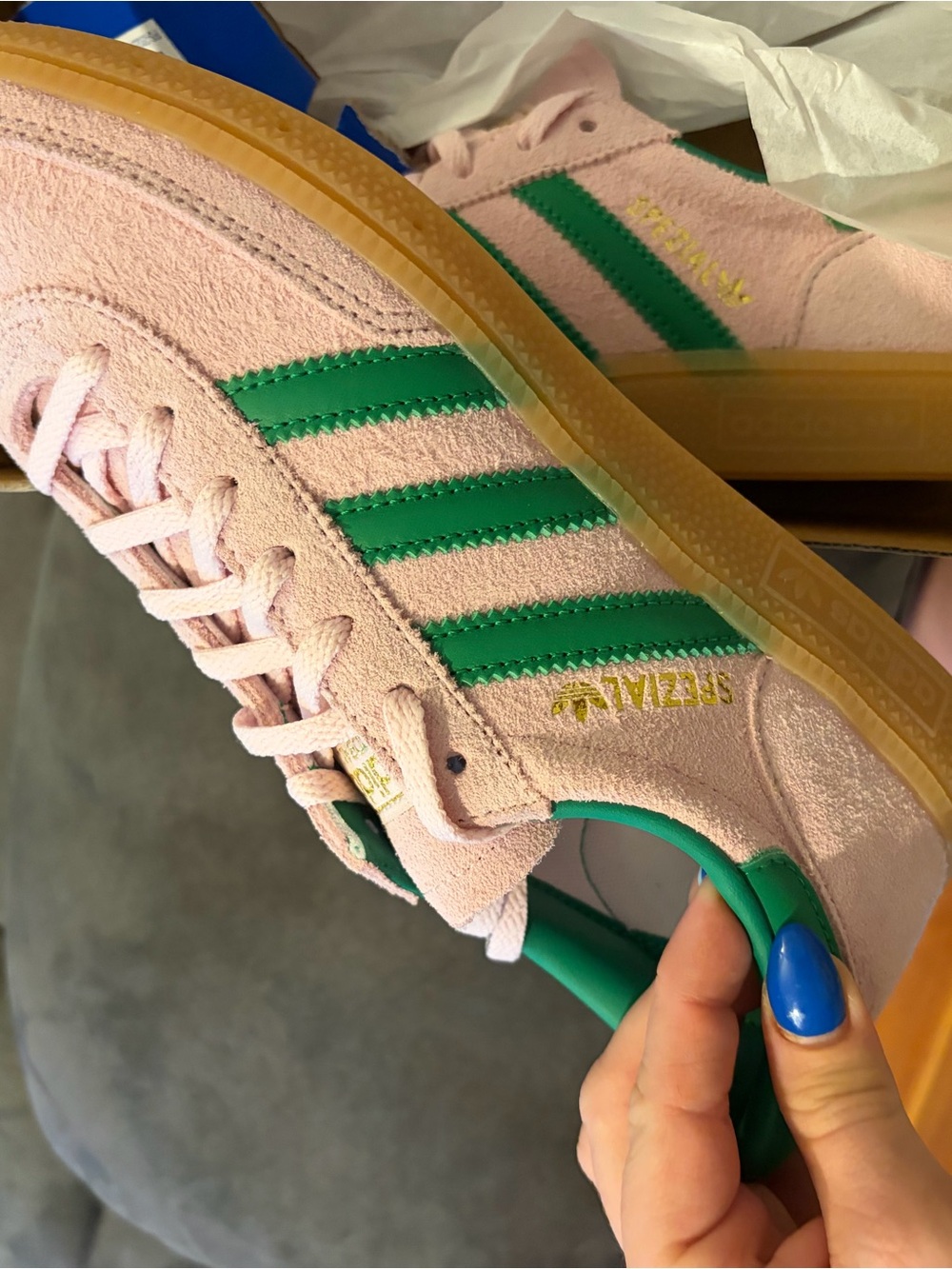 adidas Women's Pink Suede Sneakers with Green Stripes and Gum Sole - Picture 2 of 4